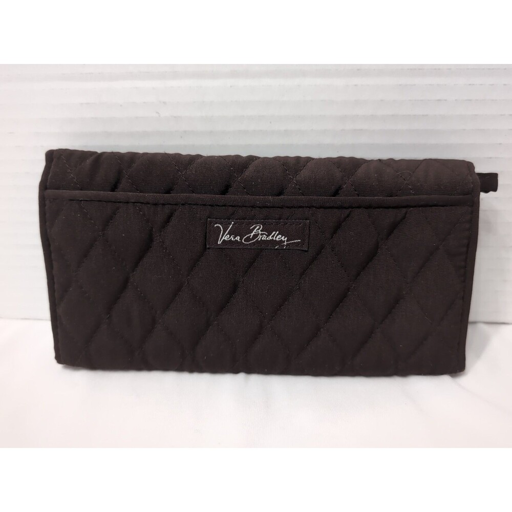 VERA BRADLEY Bifold Wallet Hideaway Wristlet strap Credit Card Zip Quilted BROWN